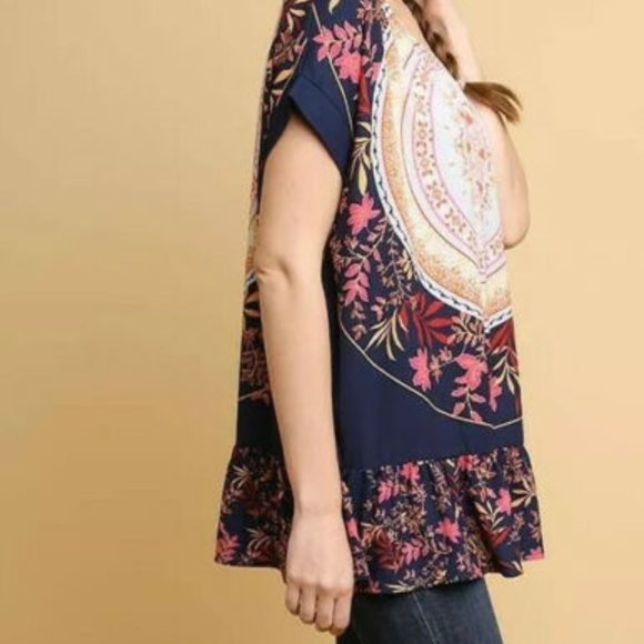 Navy Orange Floral Medallion Print Tunic Top S M - Picture 5 of 9